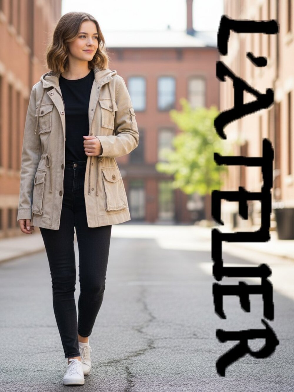 L’Atelier Utility Jacket M Tan Hooded Drawstring Waist Safari Casual NWOT